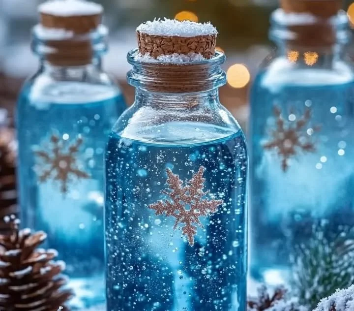 Colorful winter sensory bottles filled with snowflakes and holiday themes