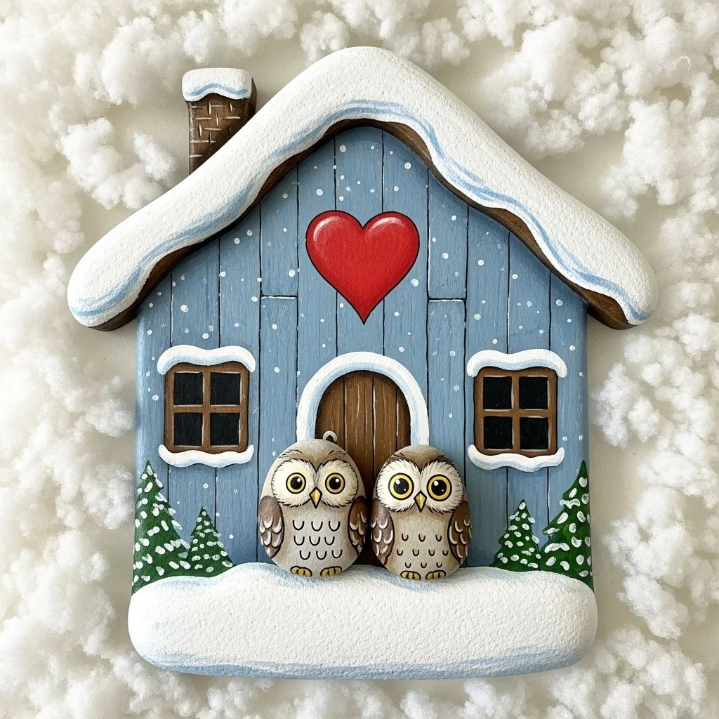 Winter wall decor crafted from painted stones and craft sticks