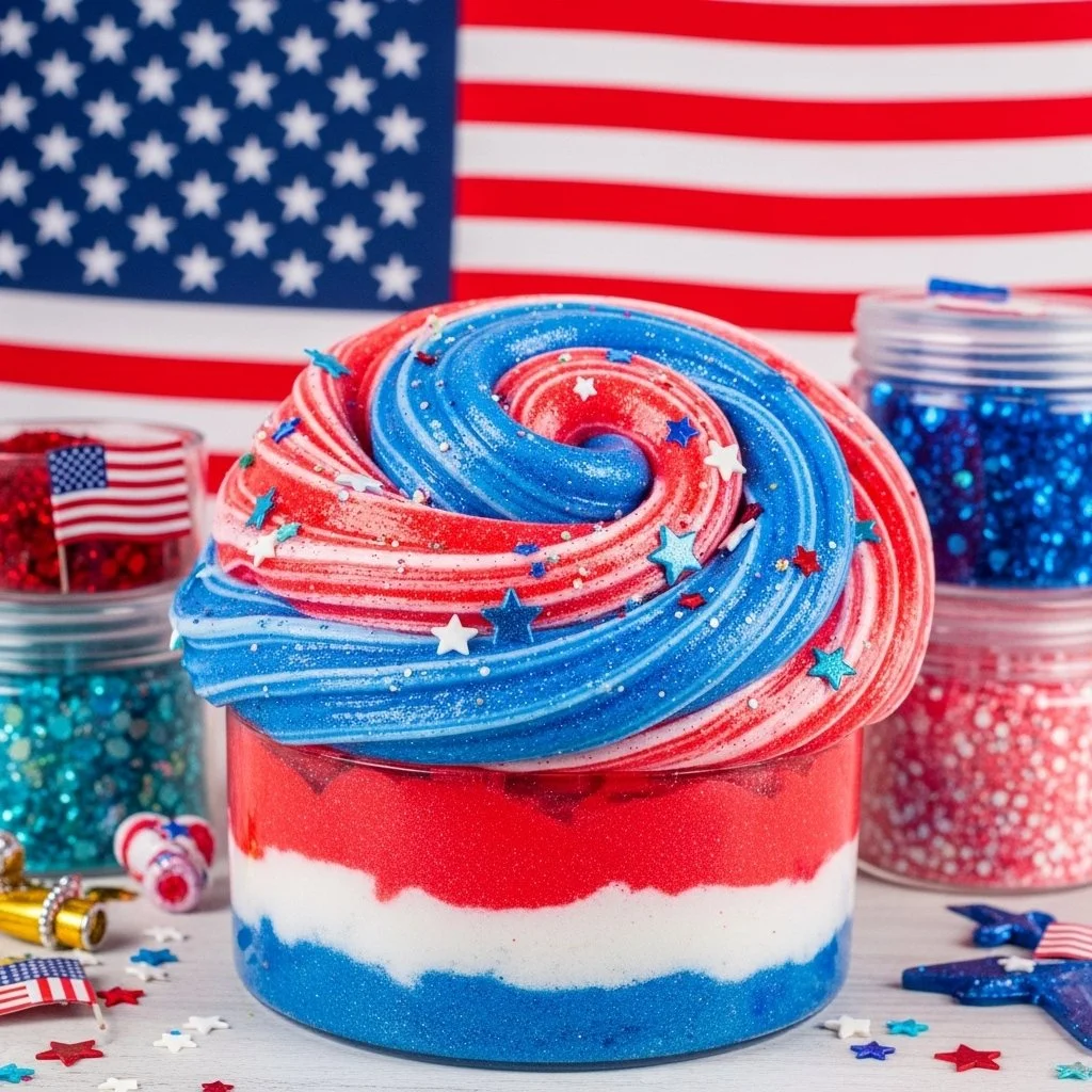 Colorful 4th of July glitter slime with red, white, and blue sparkles