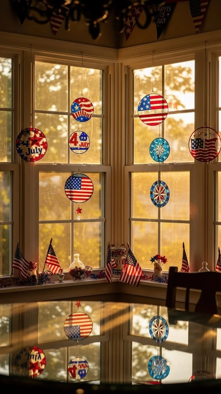 Colorful 4th of July suncatchers featuring red, white, and blue designs.