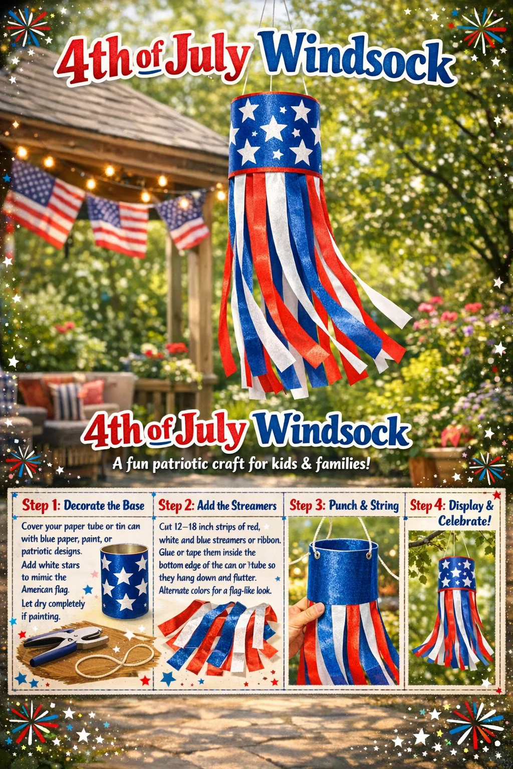 Colorful 4th of July windsock with stars and stripes design for patriotic decoration.