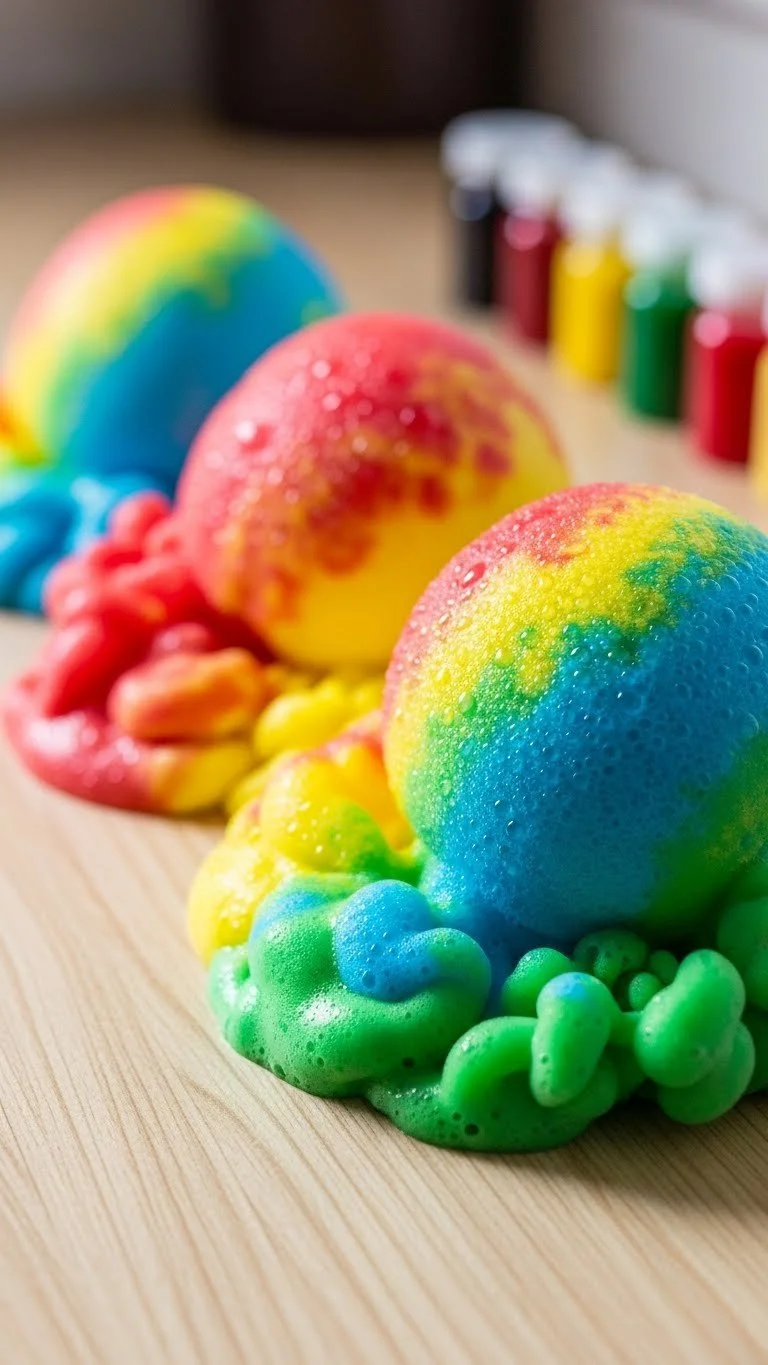 Baking soda and vinegar reaction creating colorful fireworks effect.