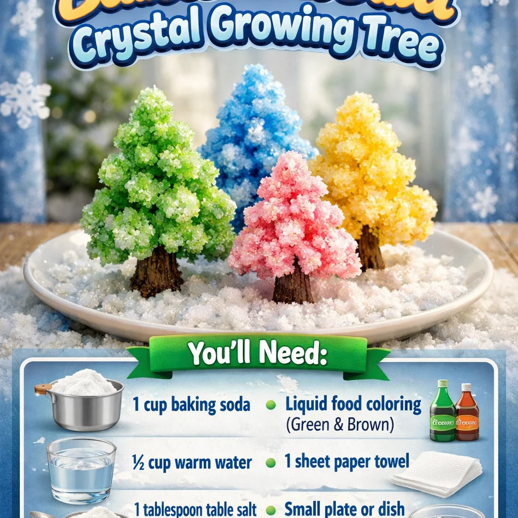Baking soda crystal growing tree with intricate crystal formations.