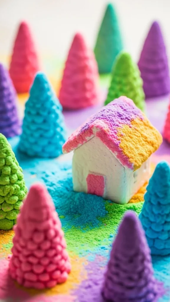 DIY baking soda crystal tree project with colorful crystals forming from solution