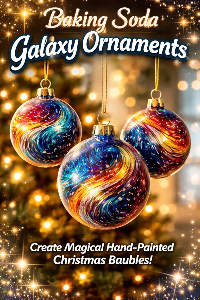 Colorful Baking Soda Galaxy Ornaments hanging on a decorative display