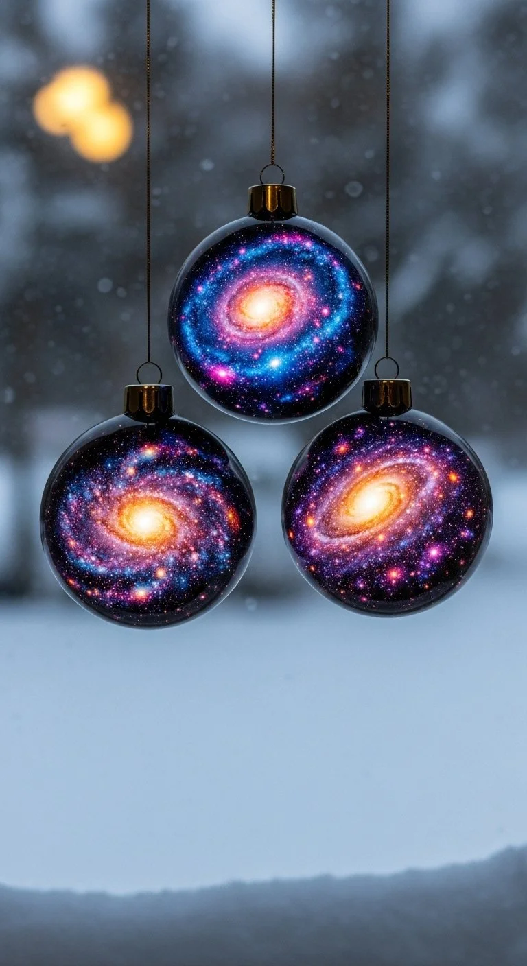 Baking soda galaxy ornaments hanging on a festive tree