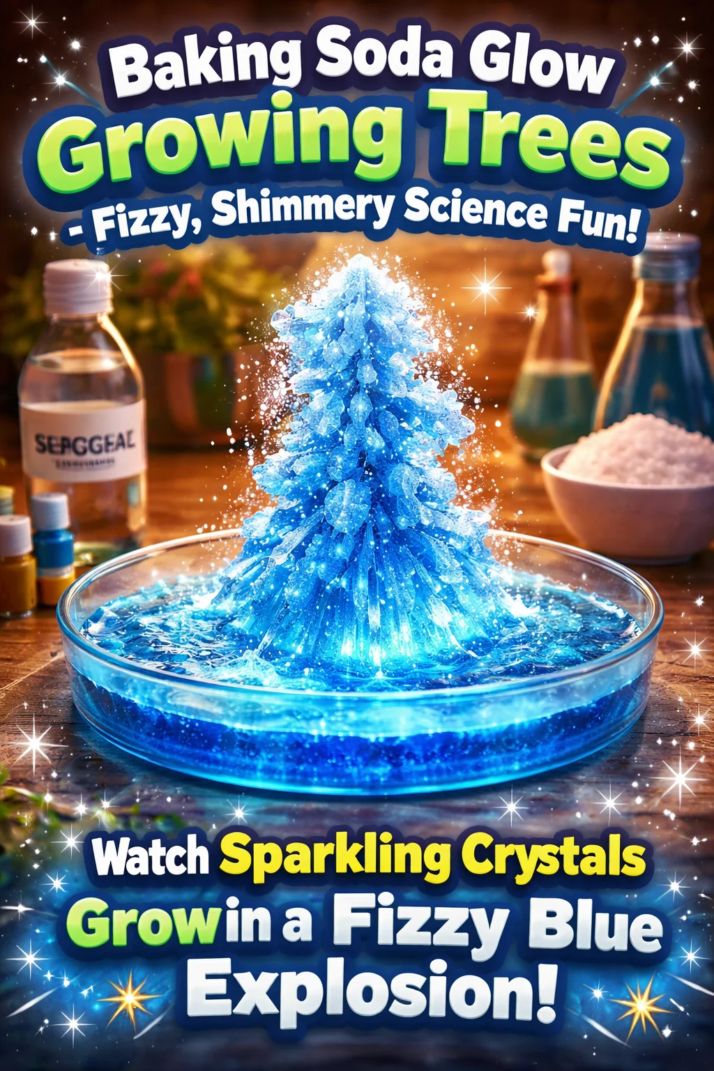 Baking Soda Glow science experiment with fizzy, shimmery growing trees.