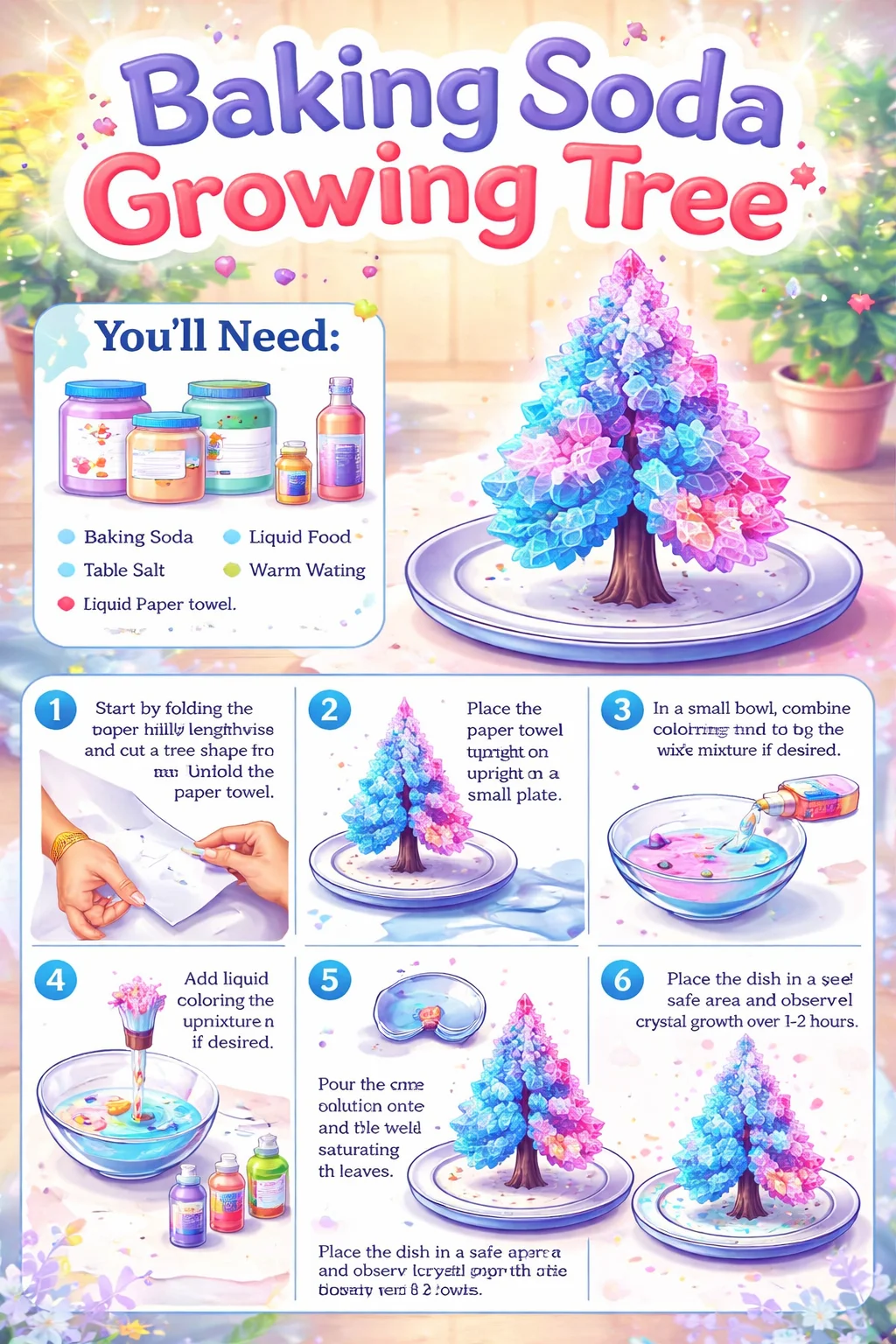 Baking soda growing tree experiment showcasing crystal formation.