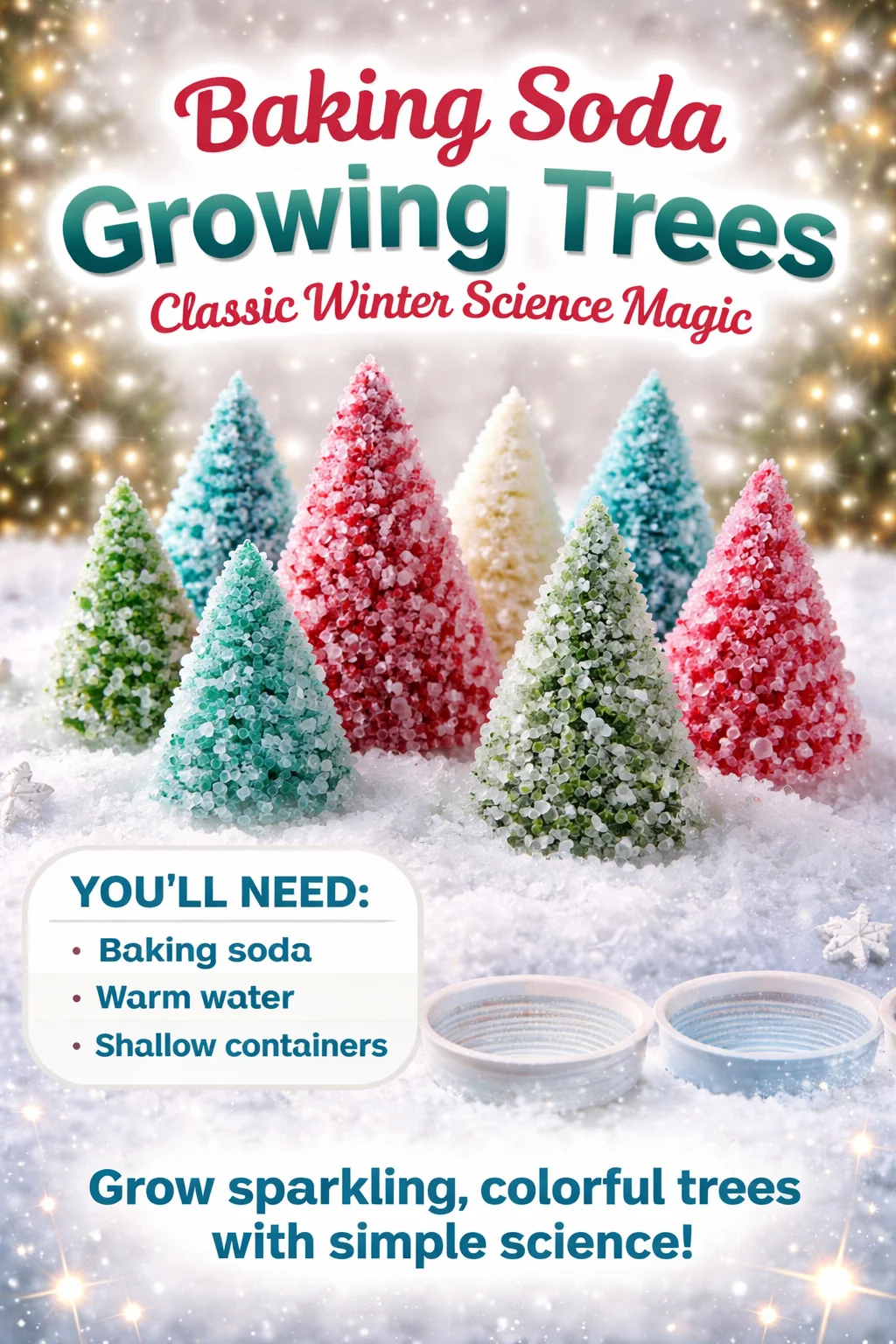 Baking soda growing trees experiment showcasing winter science magic.