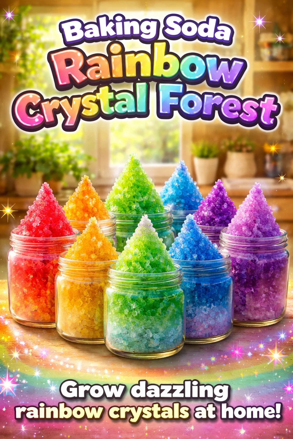 Baking soda rainbow crystal forest experiment showcasing colorful crystals