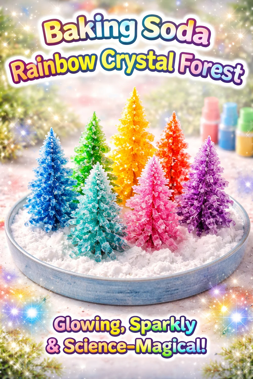 Colorful baking soda rainbow crystal forest creation.