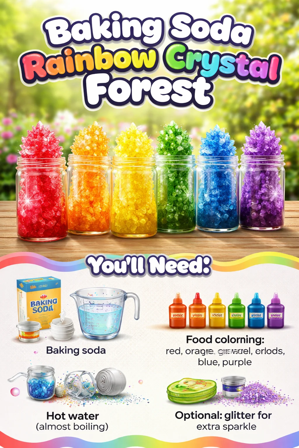 A vibrant forest of colorful baking soda rainbow crystals sparkling under sunlight.