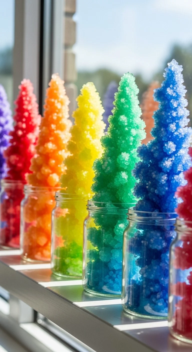 Vibrant rainbow crystals formed from baking soda in a forest setting.