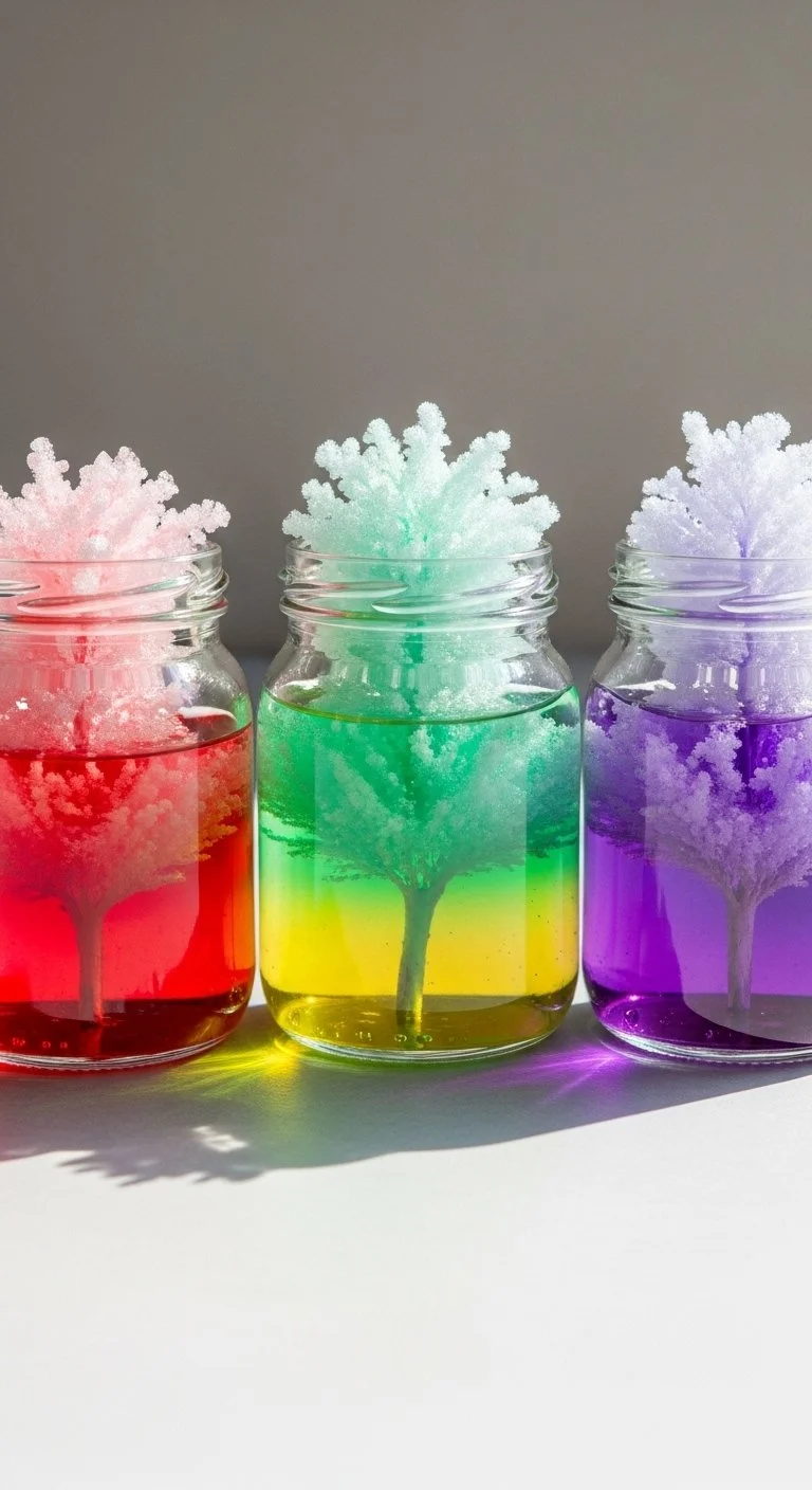 Colorful baking soda rainbow crystal forest craft project.