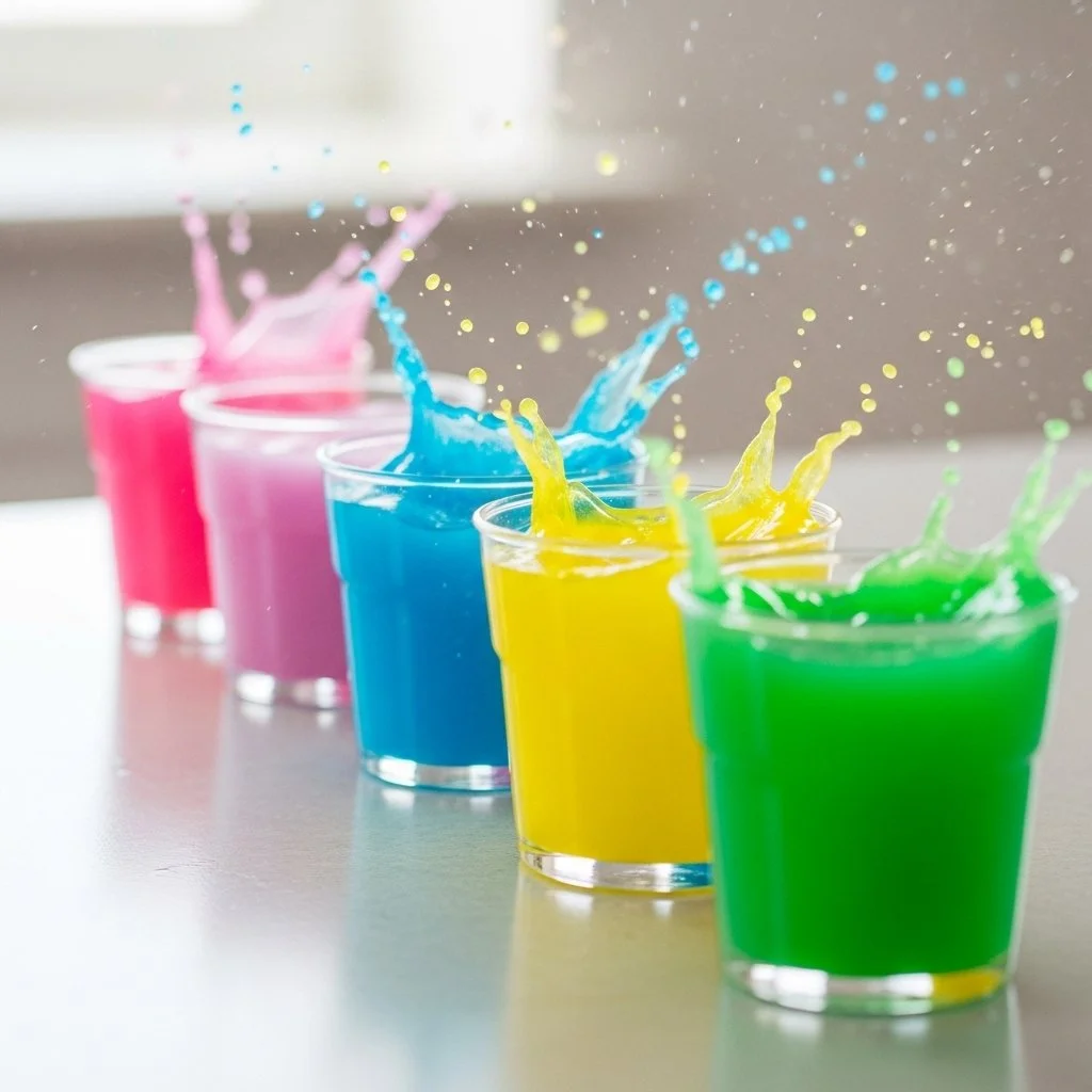 Baking soda and vinegar creating colorful fireworks in a container.