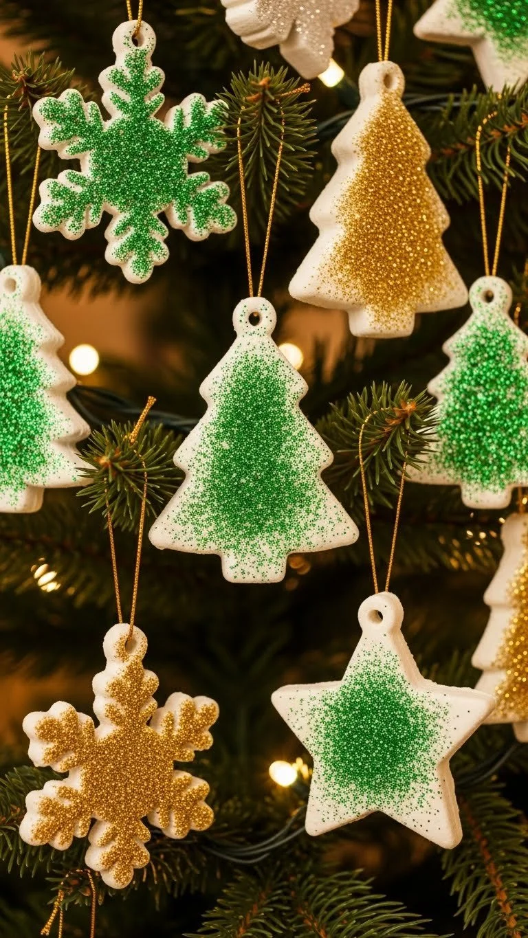 Homemade baking soda winter ornaments displayed on a festive table.