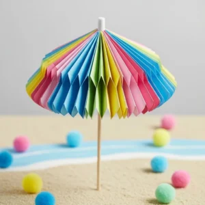Colorful beach umbrella craft displayed at the beach.