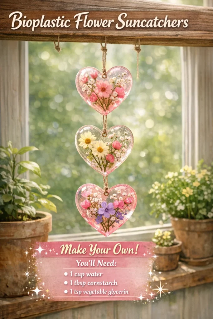 Colorful bioplastic flower suncatchers for eco-friendly window decoration.