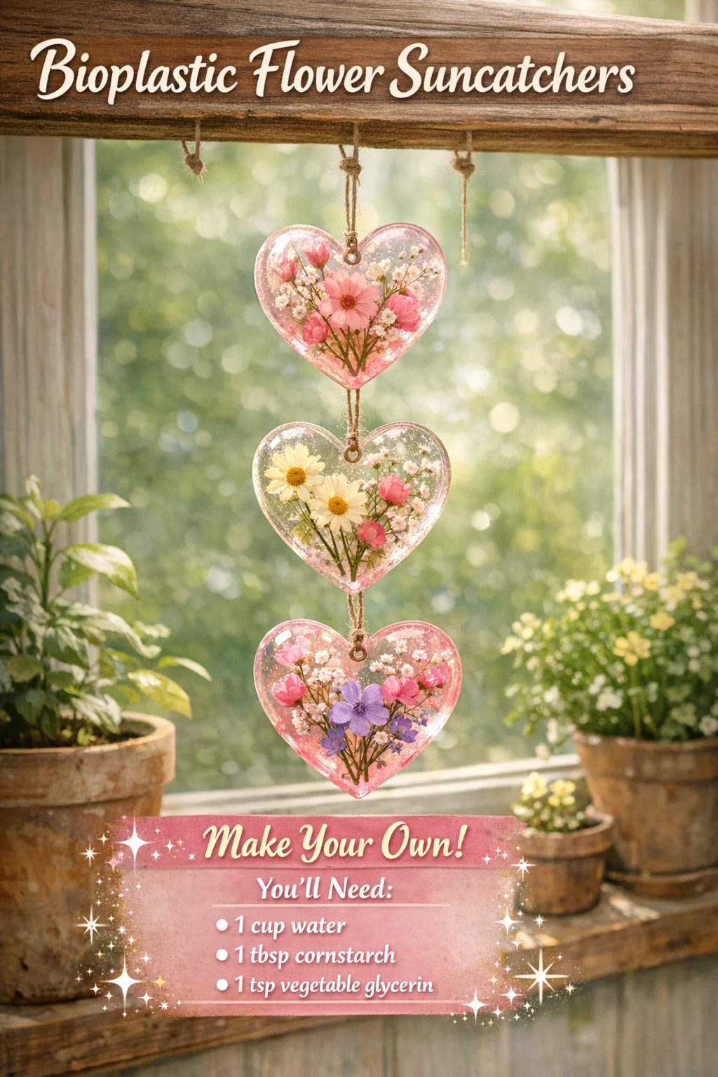 Colorful bioplastic flower suncatchers for eco-friendly window decoration.