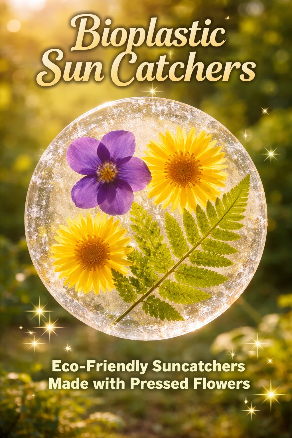 Colorful bioplastic sun catchers hanging in a window, promoting eco-friendly decor.