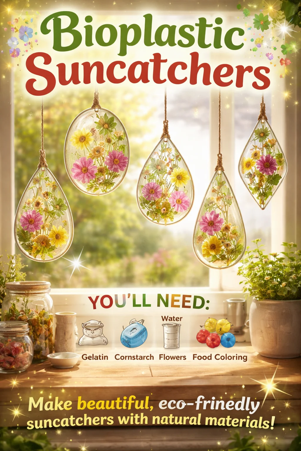Colorful bioplastic suncatchers hanging in a sunny window, showcasing eco-friendly design.