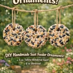 Colorful birdseed ornaments hanging in a winter landscape