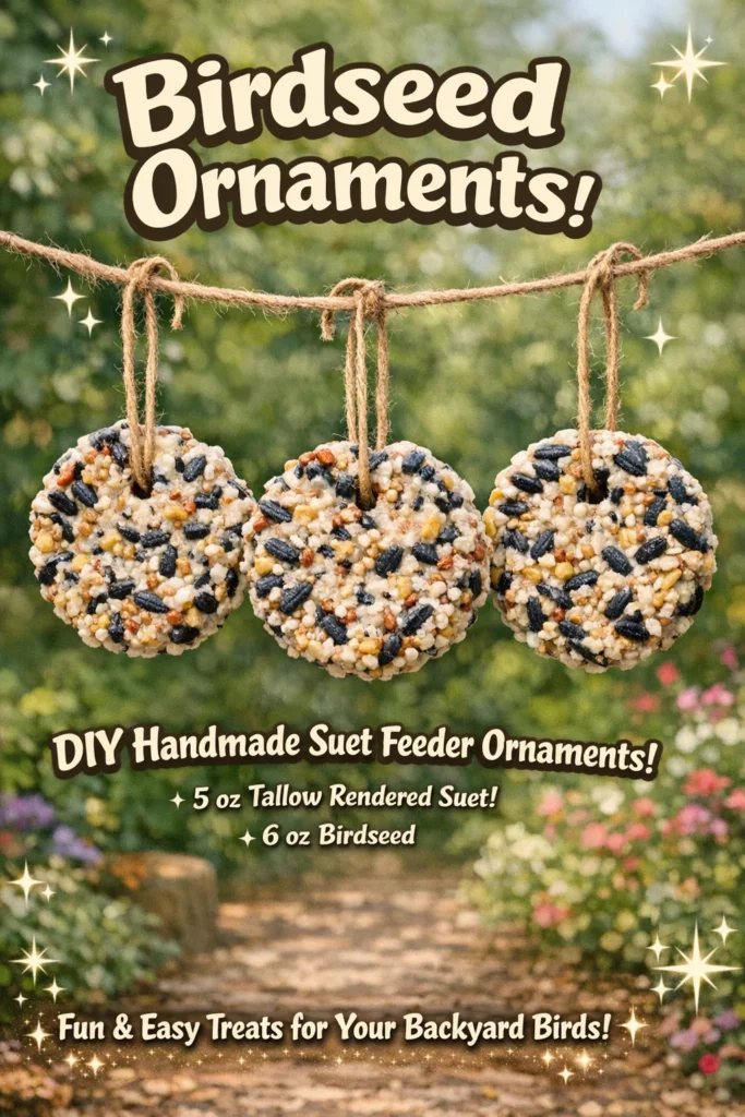 Colorful birdseed ornaments hanging in a winter landscape