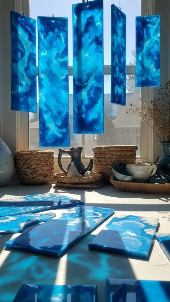 Colorful blue crayon flower suncatcher with sunlight shining through