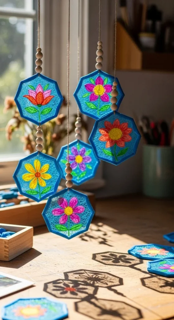 DIY Blue Crayon Flower Suncatchers for colorful window decor
