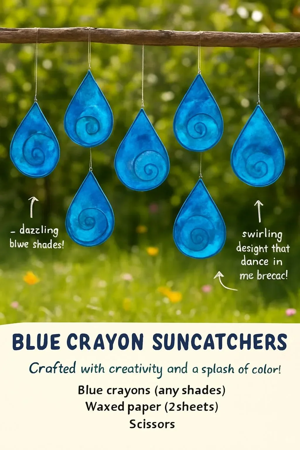 Colorful blue crayon suncatchers adding light and charm to a window