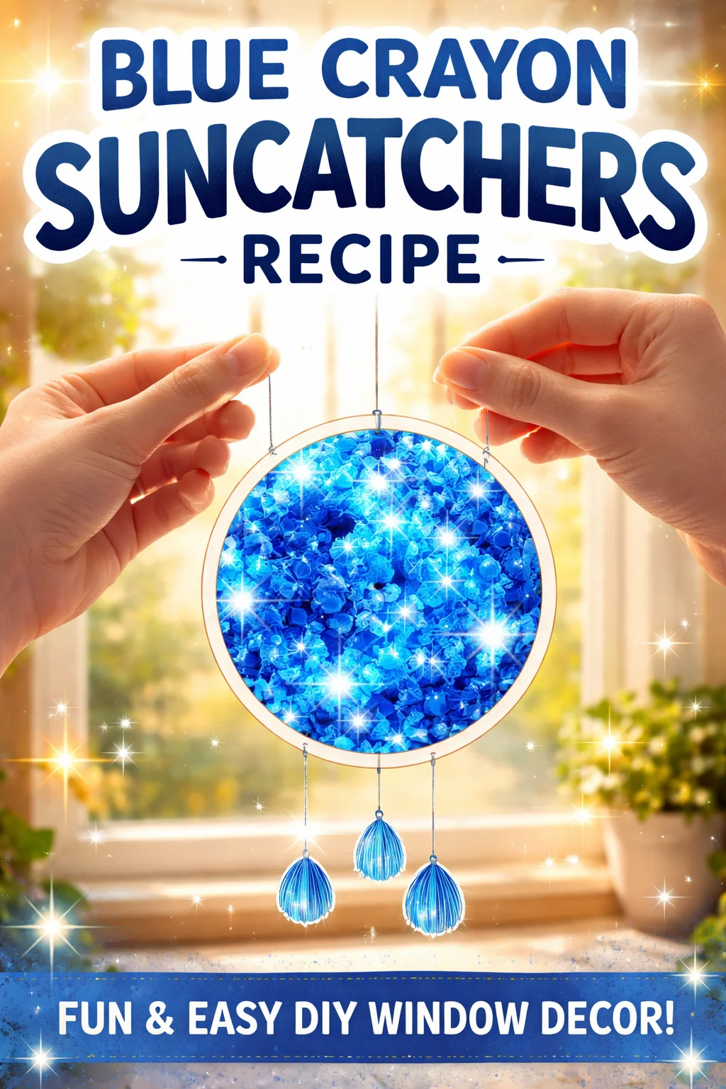 Vibrant blue crayon suncatchers hanging in sunlight, casting colorful patterns.