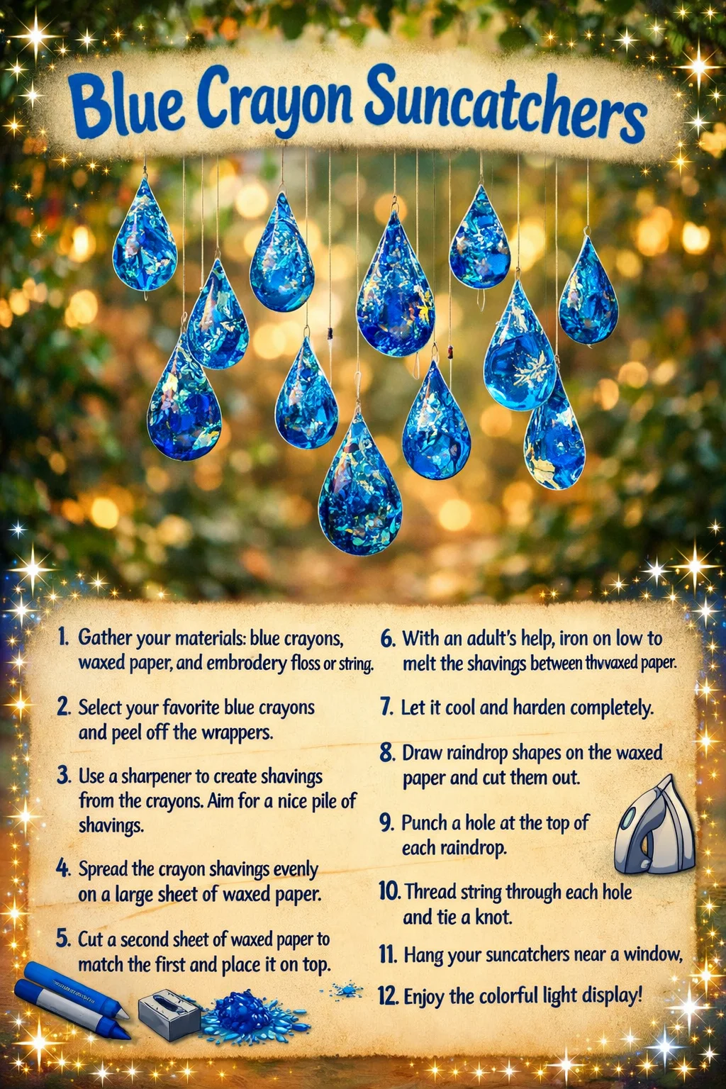 Colorful blue crayon suncatchers hanging in the sunlight, creating vibrant reflections.