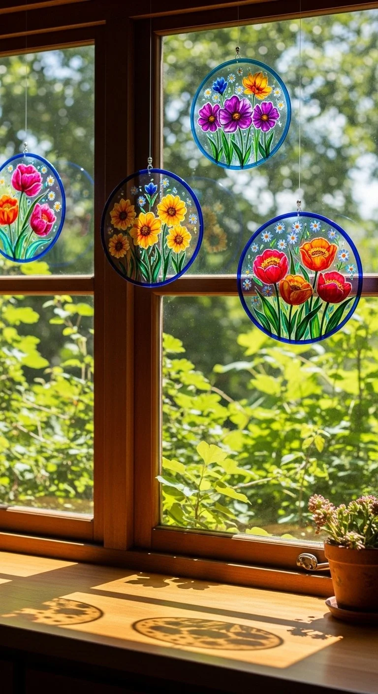 Colorful blue crayon suncatchers hanging in a sunny window