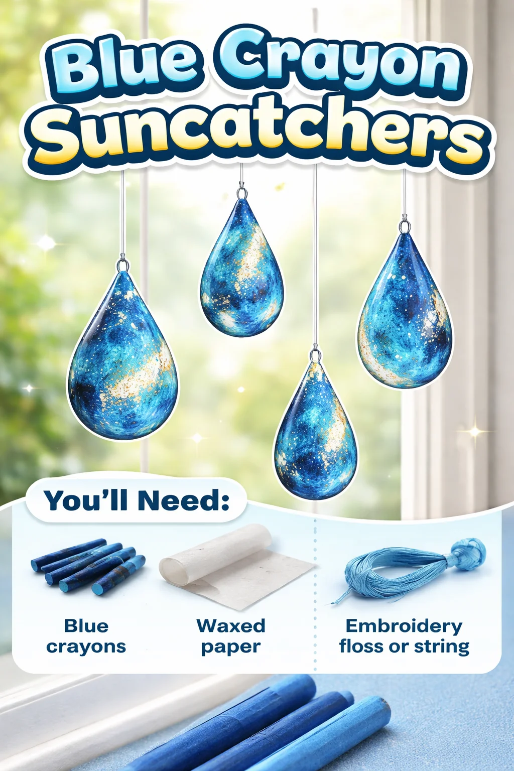 Colorful Blue Crayon Suncatchers glowing in sunlight