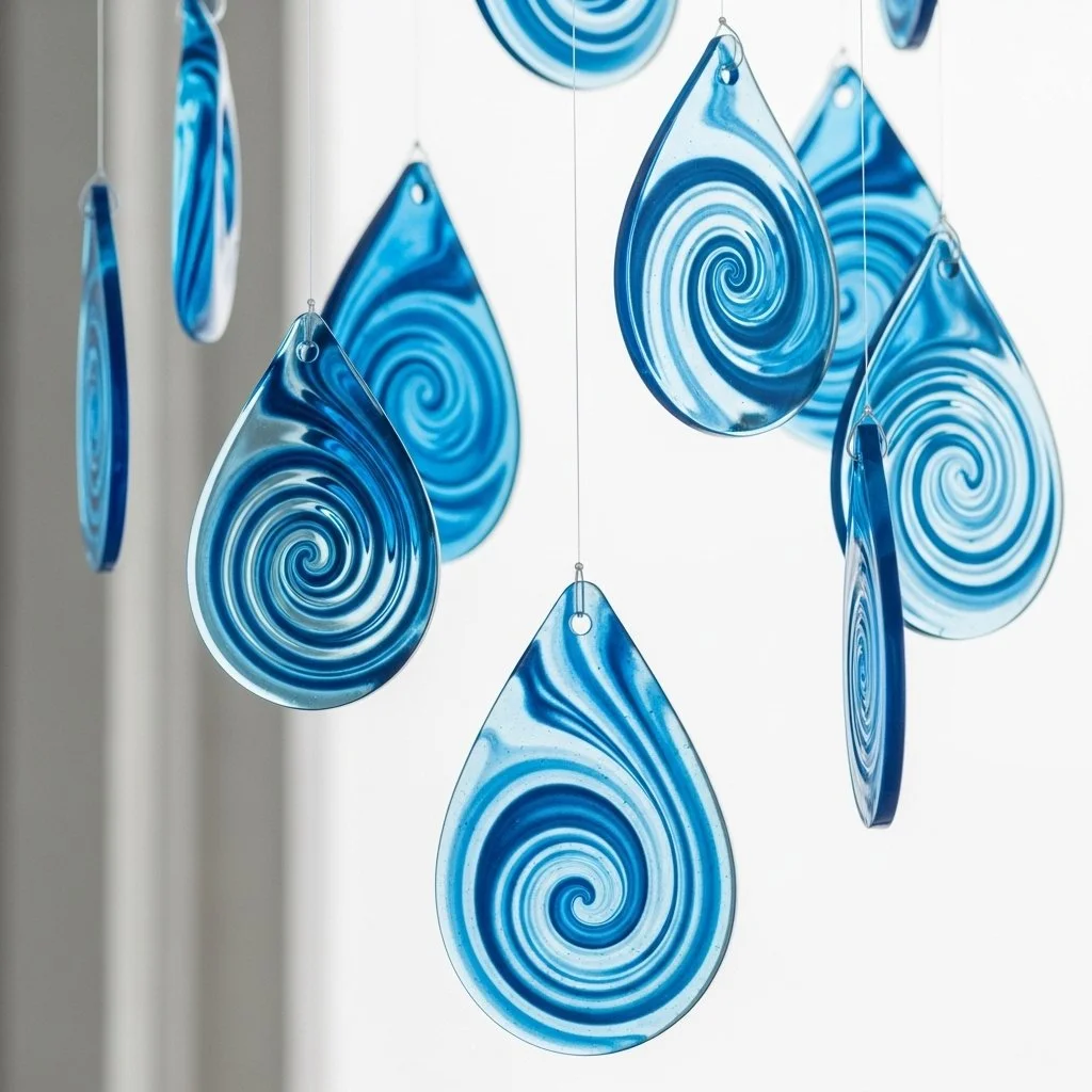 Colorful blue crayon suncatchers hanging in sunlight, creating vibrant reflections