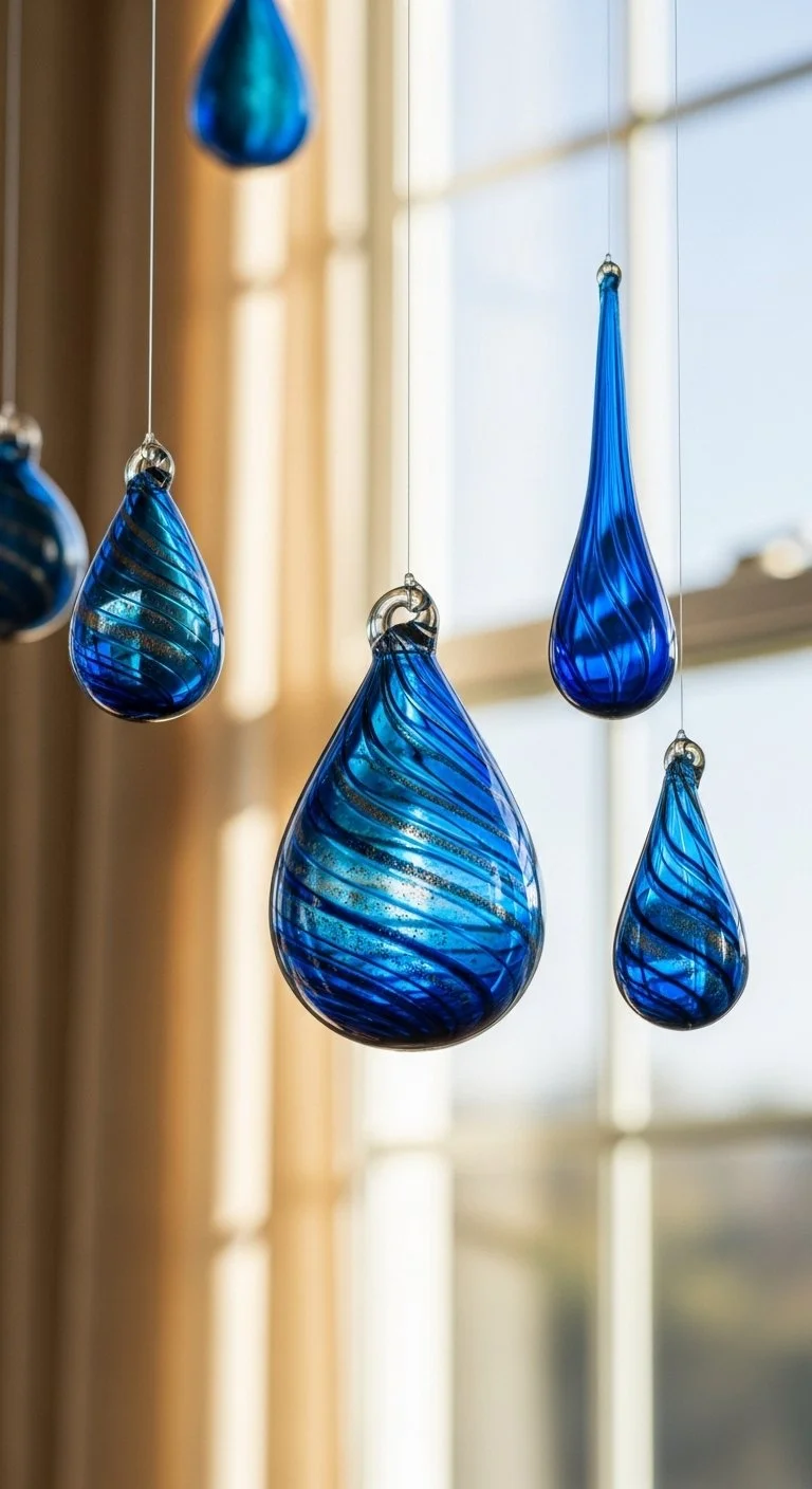 Vibrant blue crayon suncatchers hanging in sunlight, showcasing colorful designs.
