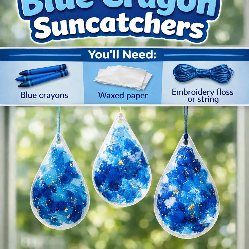 Colorful blue crayon suncatchers hanging in sunlight, creating vibrant reflections.