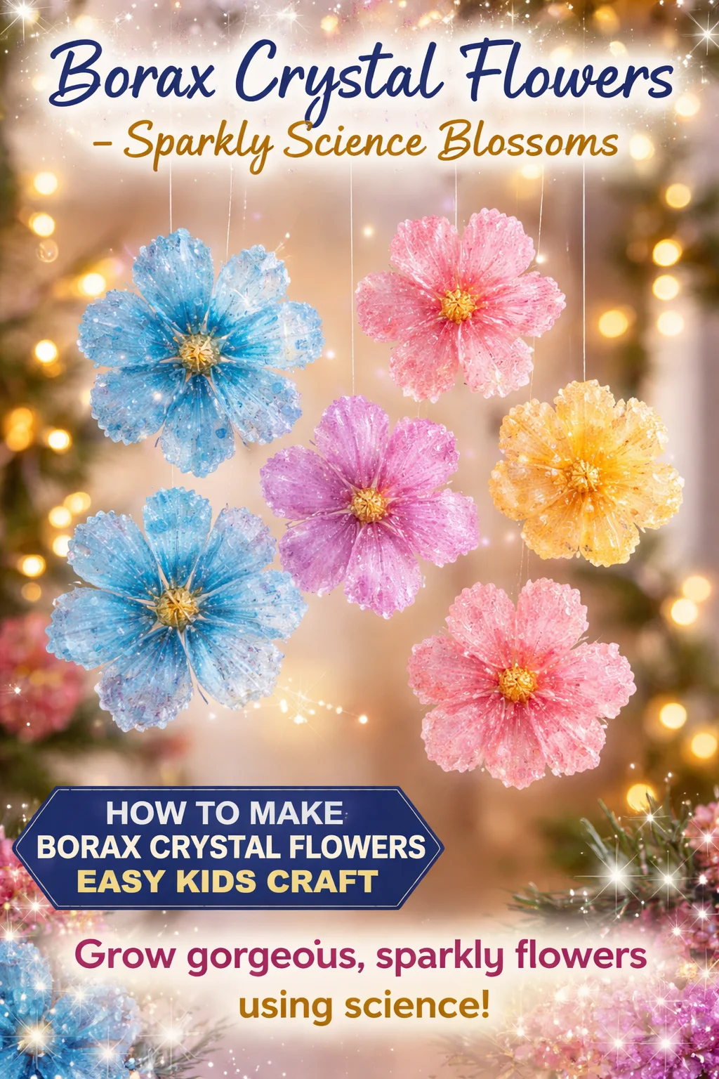 Vibrant Borax crystal flowers displayed creatively, showcasing sparkly science art.