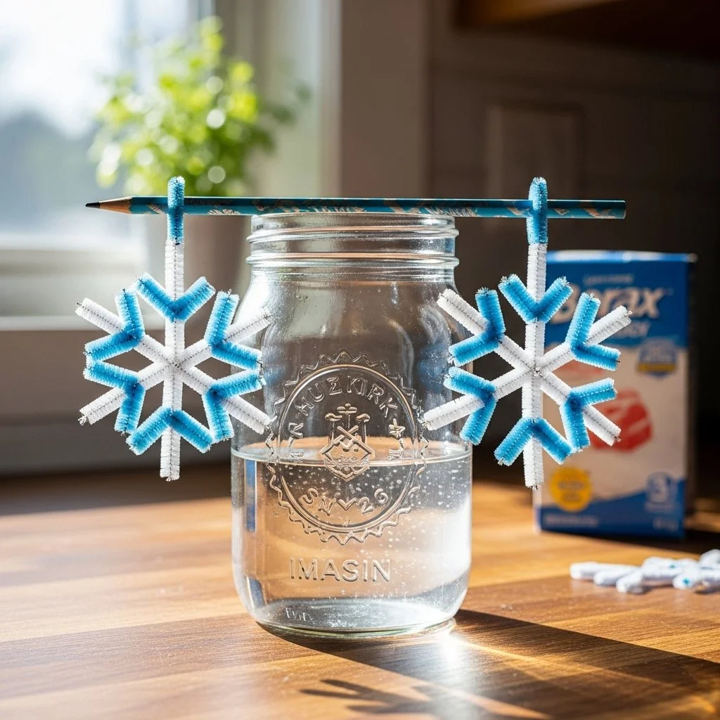 Beautiful Borax snowflakes glittering in sunlight, showcasing unique crystal formations.