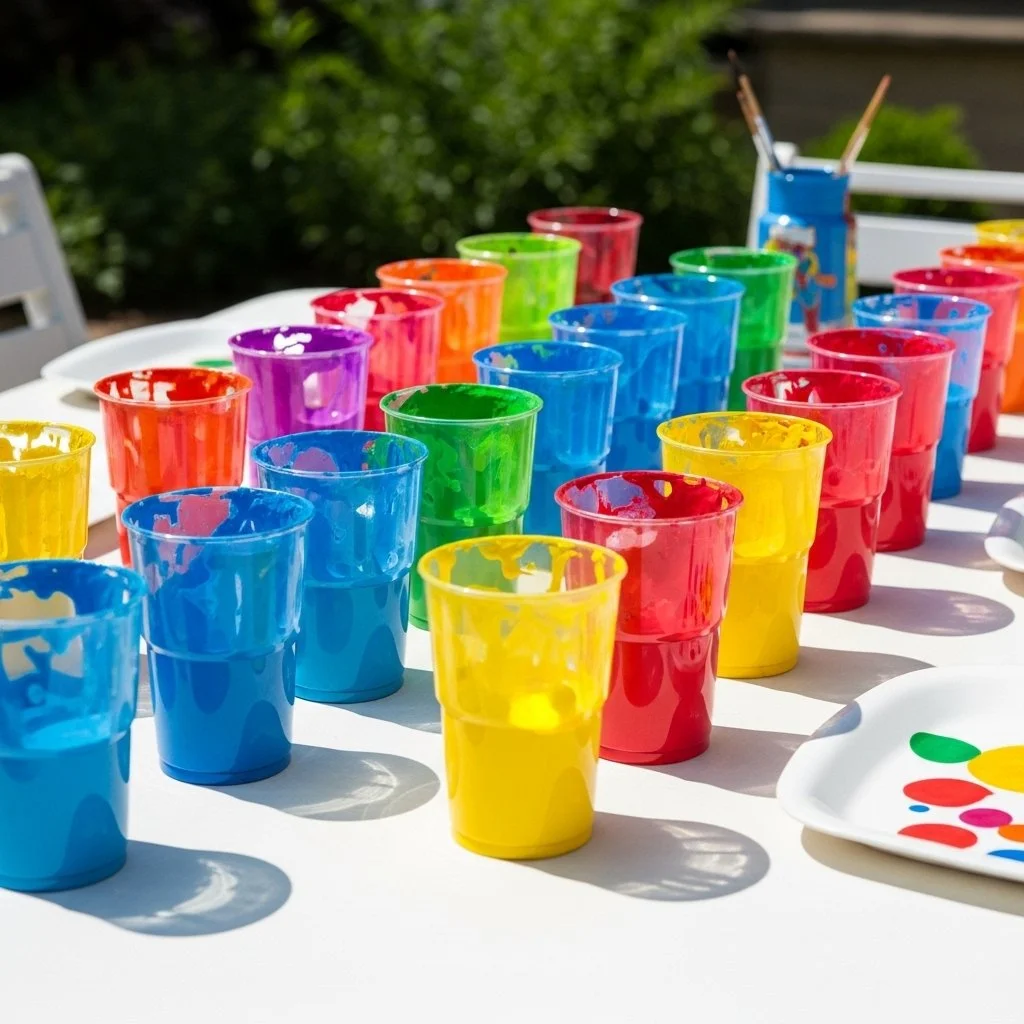 Children enjoying a bubble painting activity with colorful bubbles and art supplies.
