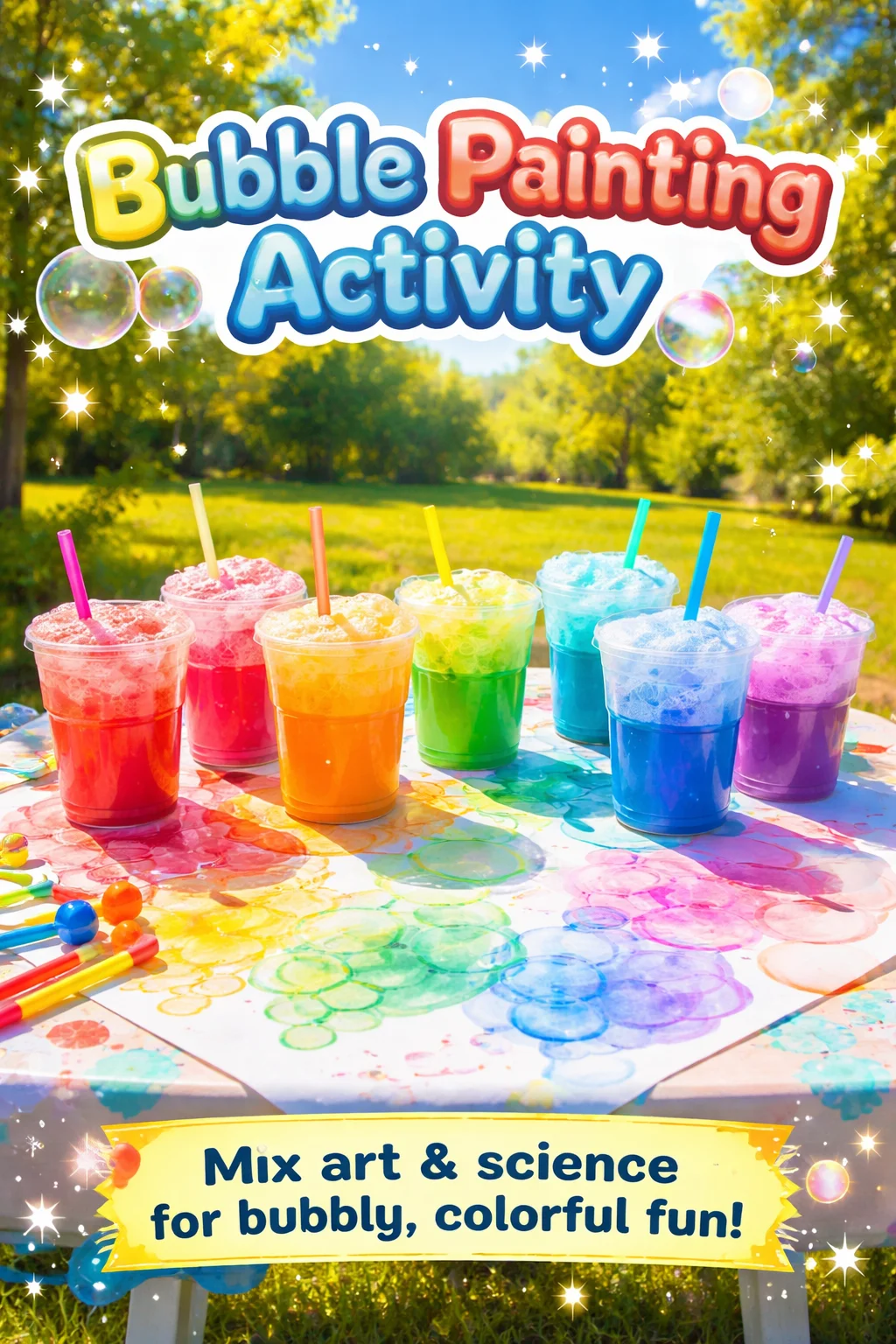 Children enjoying a bubble painting activity with colorful bubbles and art supplies.
