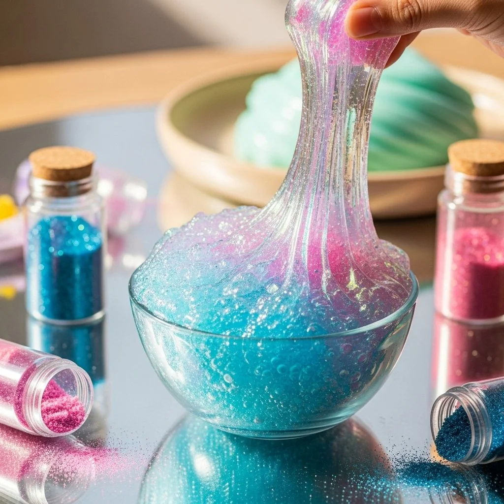 Colorful bubble slime in a clear container with texture and bubbles