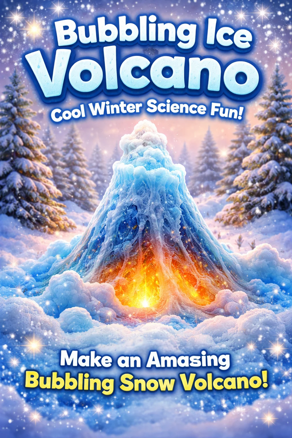 Kids experimenting with a bubbling ice volcano during a fun winter science activity