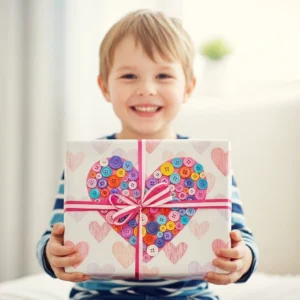 Button Heart gift wrap featuring colorful buttons in a heart pattern