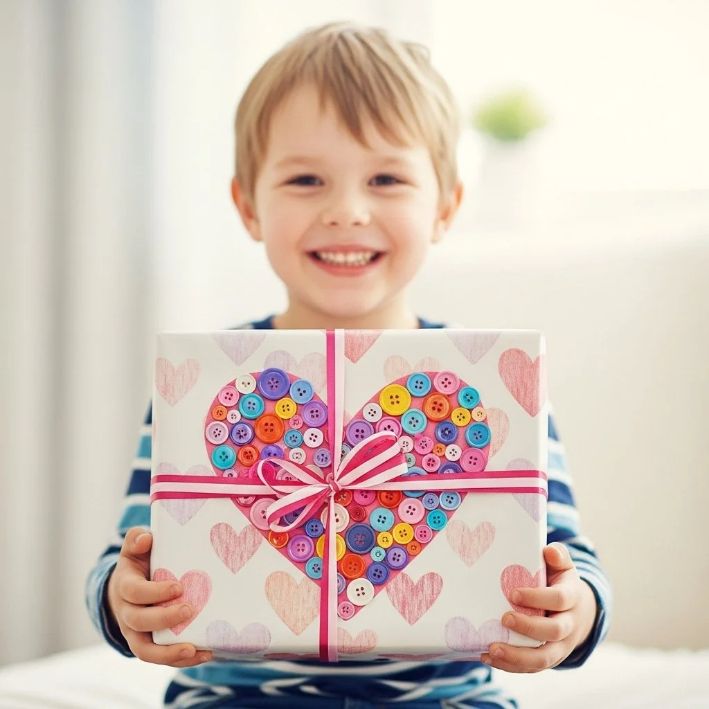 Button Heart gift wrap featuring colorful buttons in a heart pattern