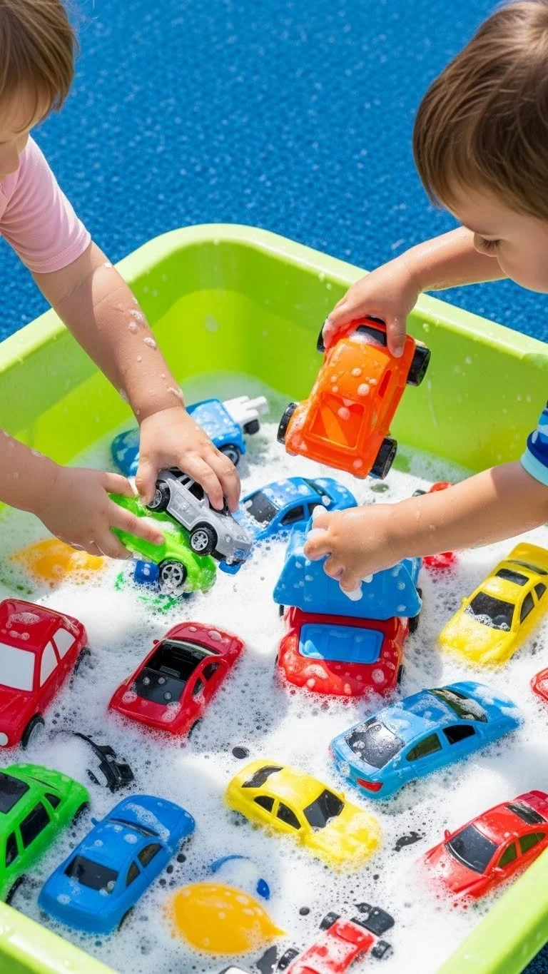 Children enjoying playtime with a car wash foam bin filled with bubbles and toys