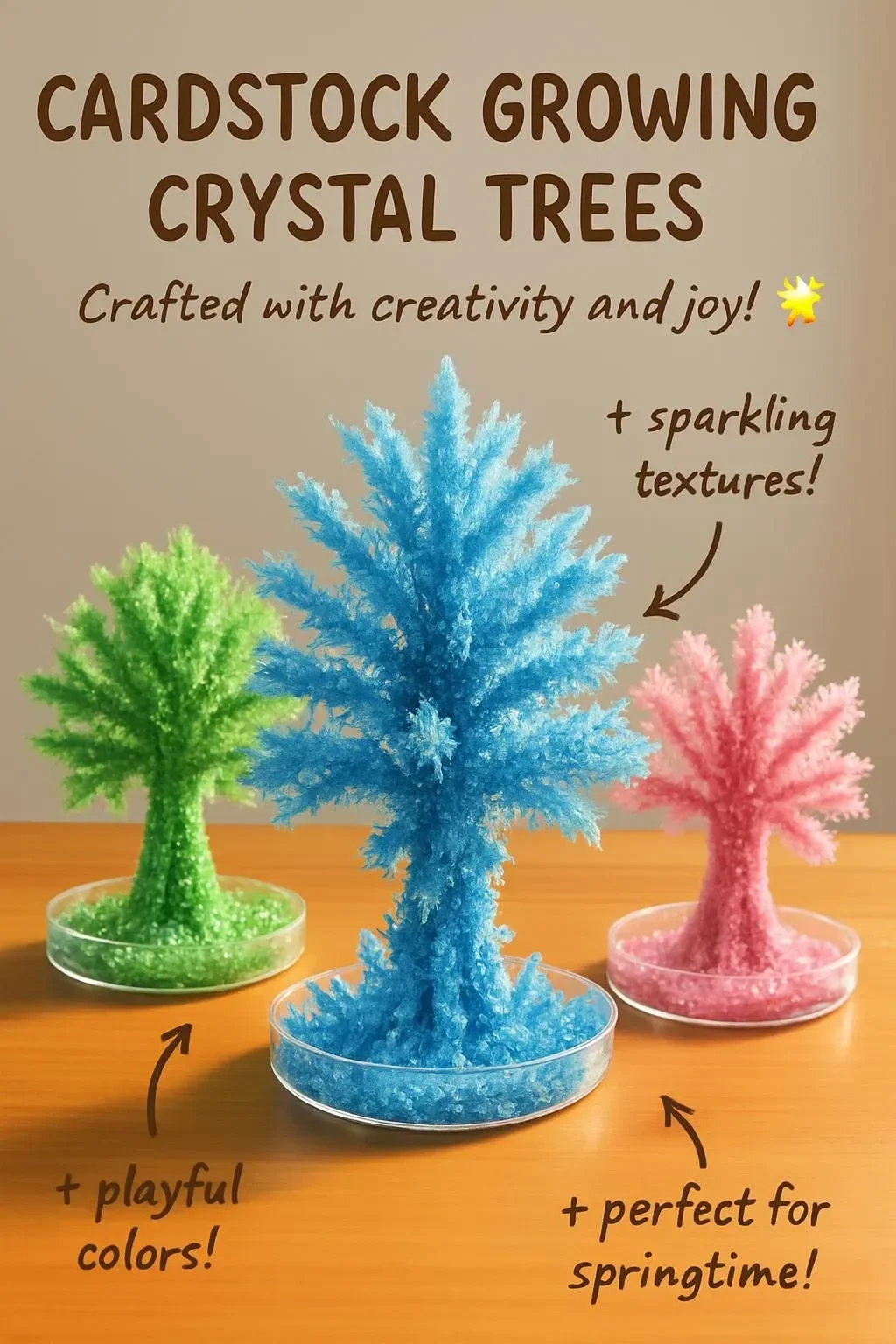 Colorful cardstock growing crystal trees for DIY crafting projects.