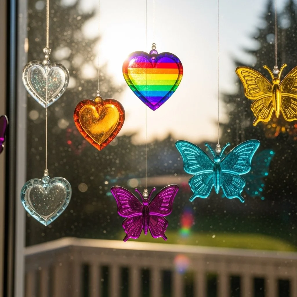Colorful DIY glue suncatchers hanging in a sunny window