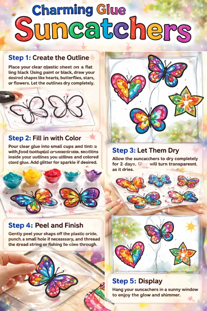 Colorful glue suncatchers handmade with love and creativity
