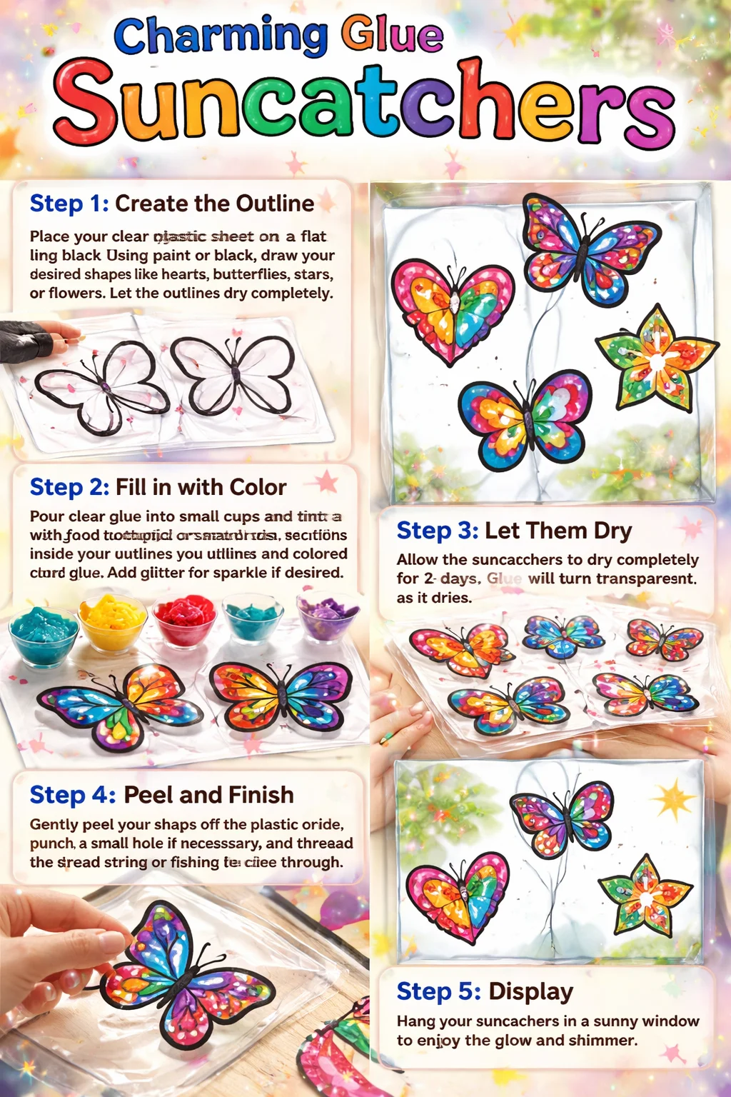 Colorful glue suncatchers handmade with love and creativity